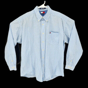 Tommy Hilfiger Mens Button Down Shirt Blue Gingham Long Sleeve Pockets Logo L